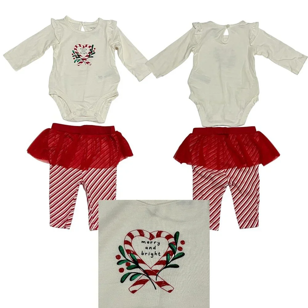 Carters 4 Pc Baby Girl Christmas Outfit Lot 3 Mos Holiday Pjs One Pieces NWT